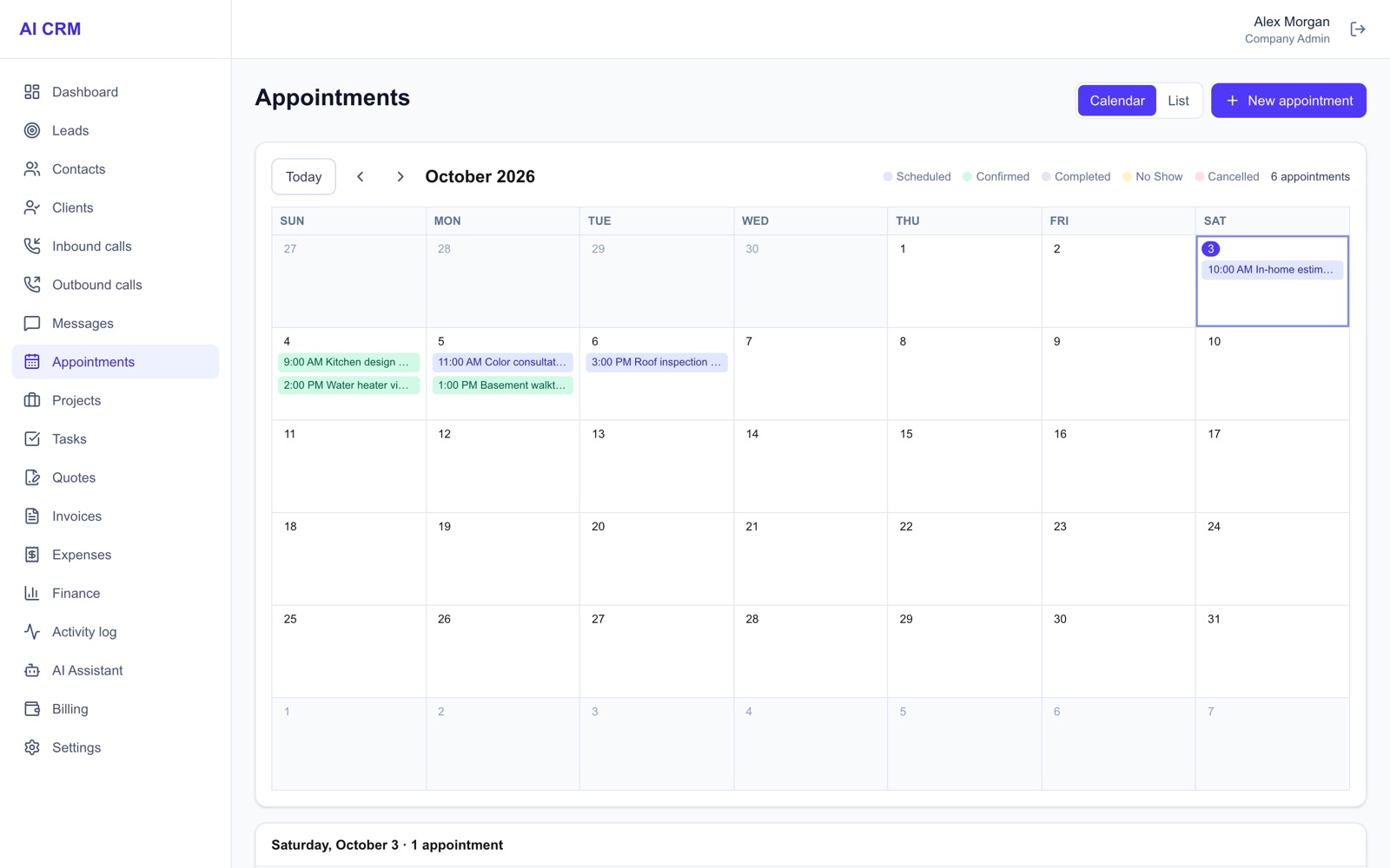 H2M appointments calendar with booked jobs
