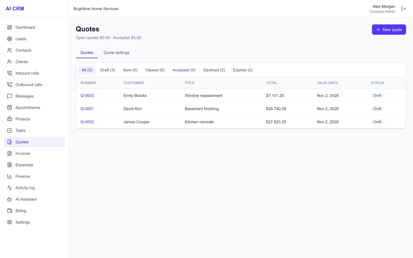 H2M quotes list with customers, totals and status