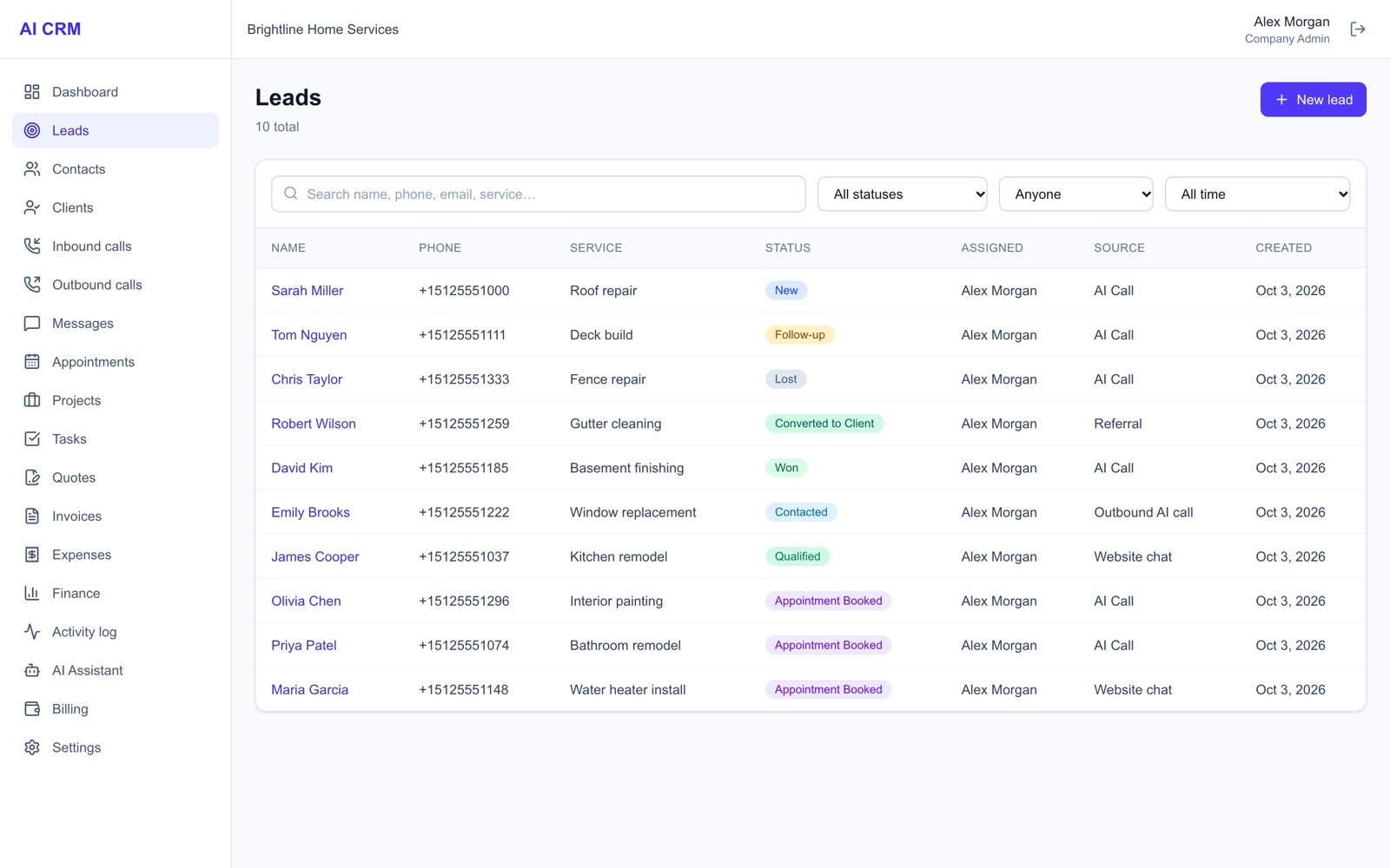 H2M leads list with service, status, source and assigned user