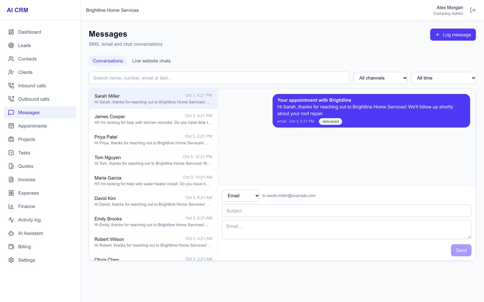 H2M messages inbox with SMS, email and website chat conversations