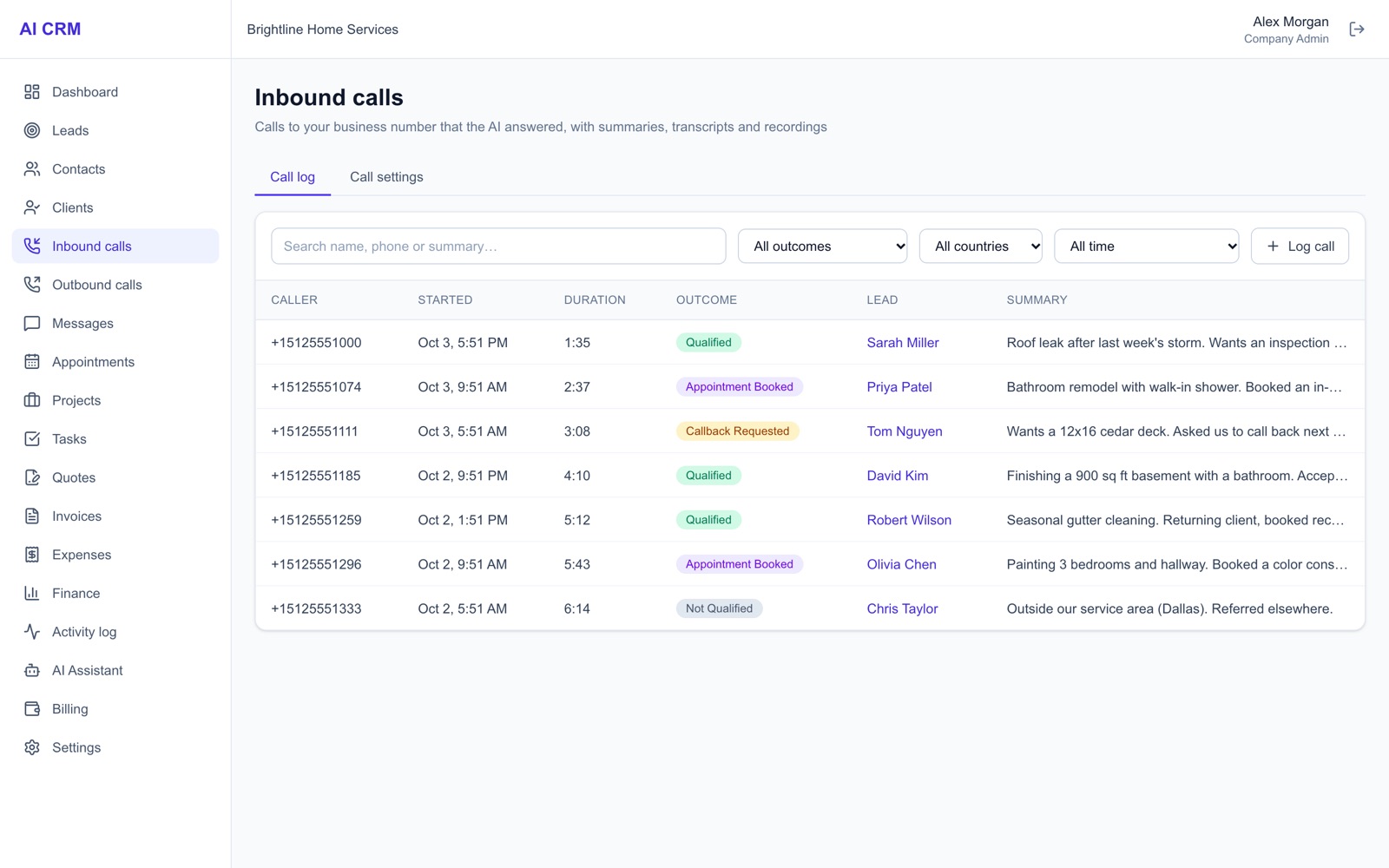 H2M inbound calls log with AI-qualified callers and call summaries